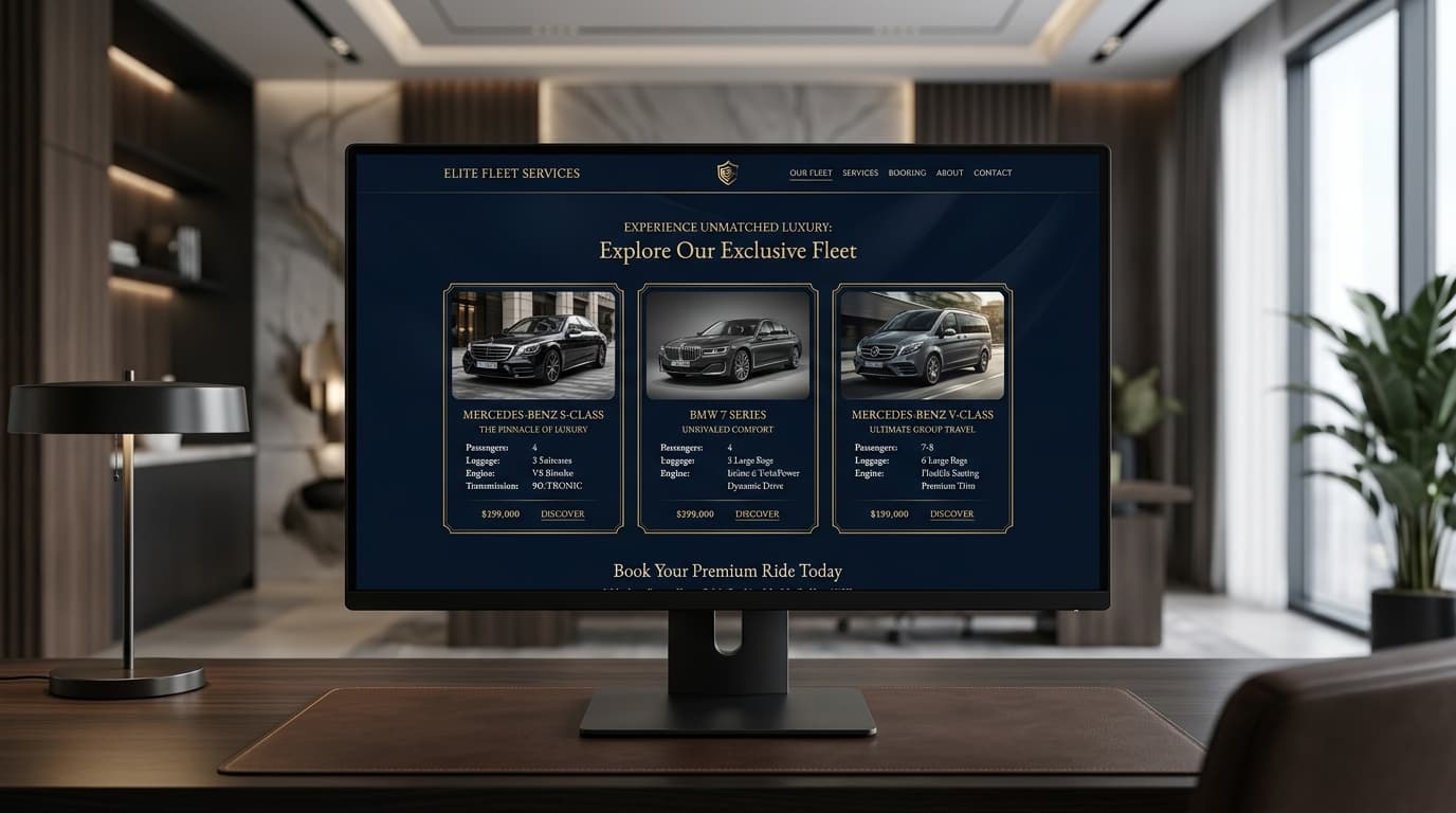 Fleet showcase with Mercedes S-Class, BMW 7 Series, and Mercedes V-Class